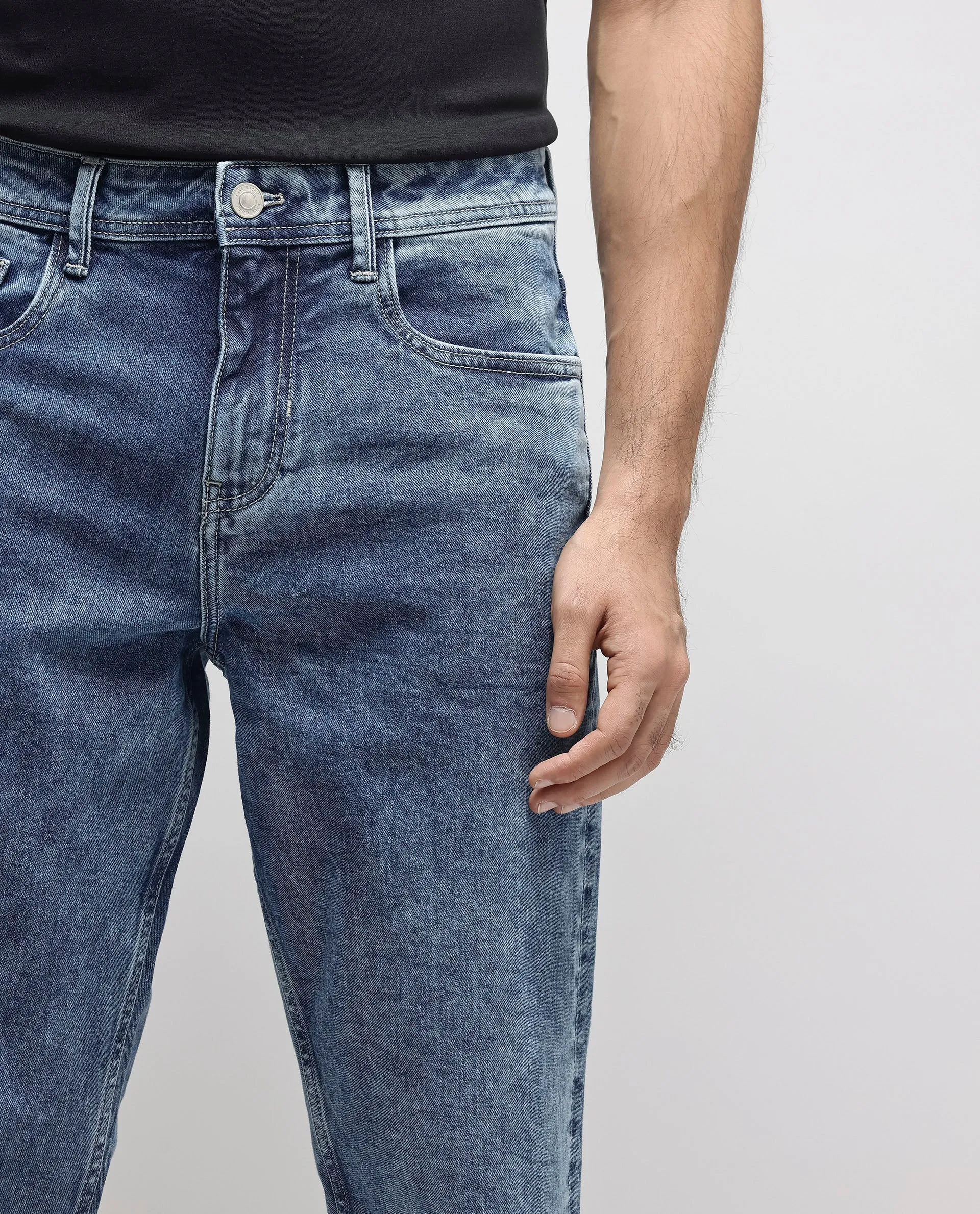 Rare Rabbit Men's Sam-2 Light Blue Mid-Wash Mid-Rise Carrot Fit Jeans