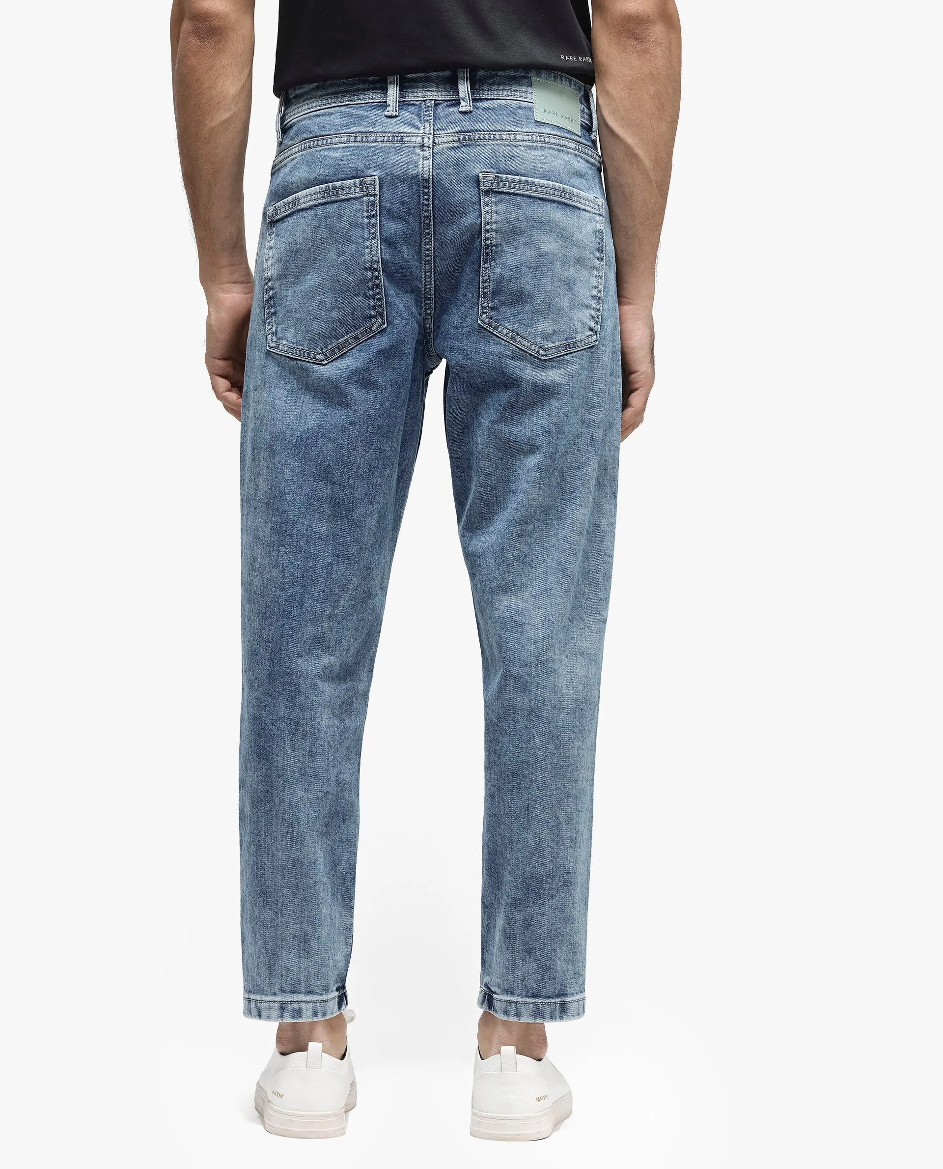 Rare Rabbit Men's Sam-2 Light Blue Mid-Wash Mid-Rise Carrot Fit Jeans