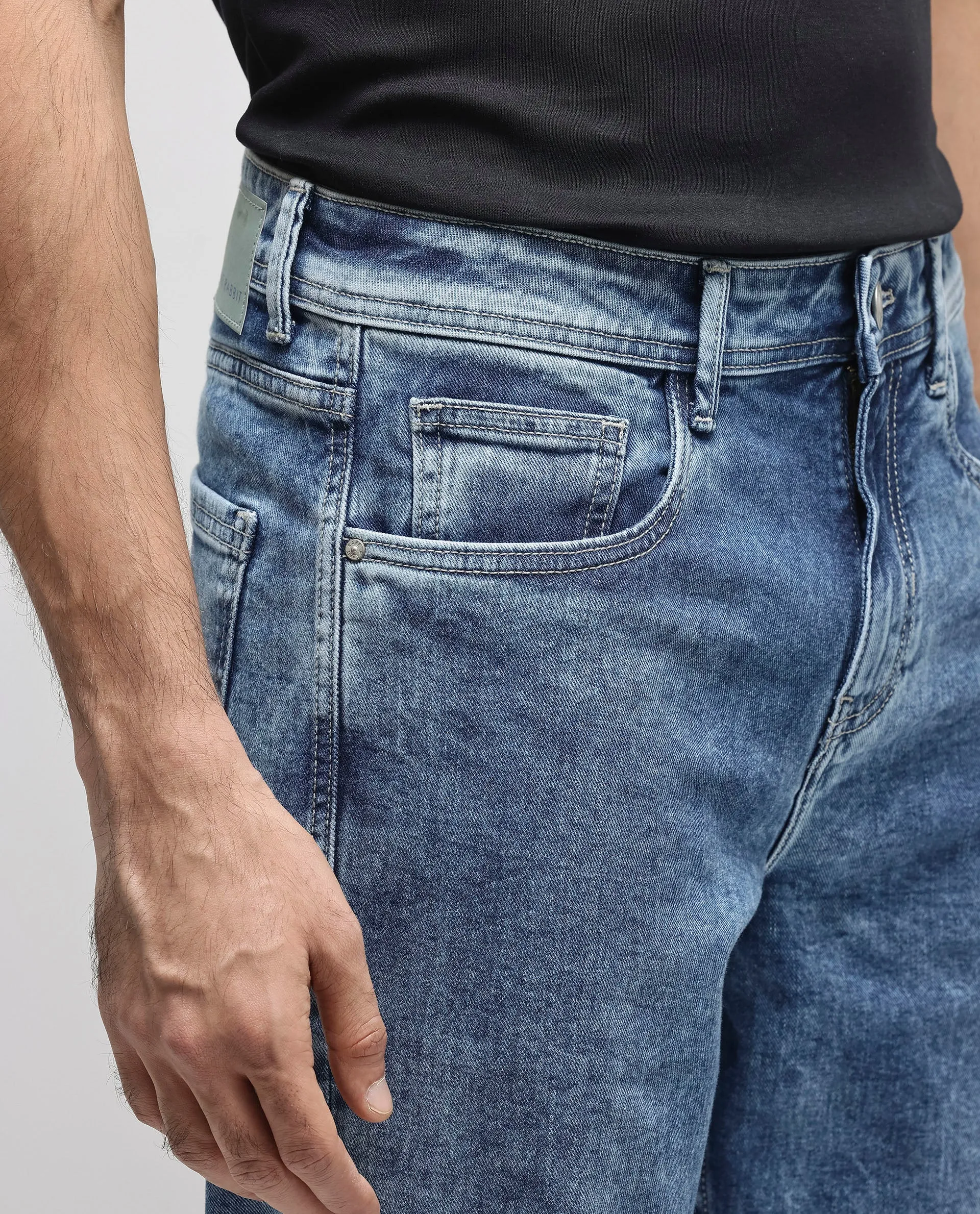 Rare Rabbit Men's Sam-2 Light Blue Mid-Wash Mid-Rise Carrot Fit Jeans