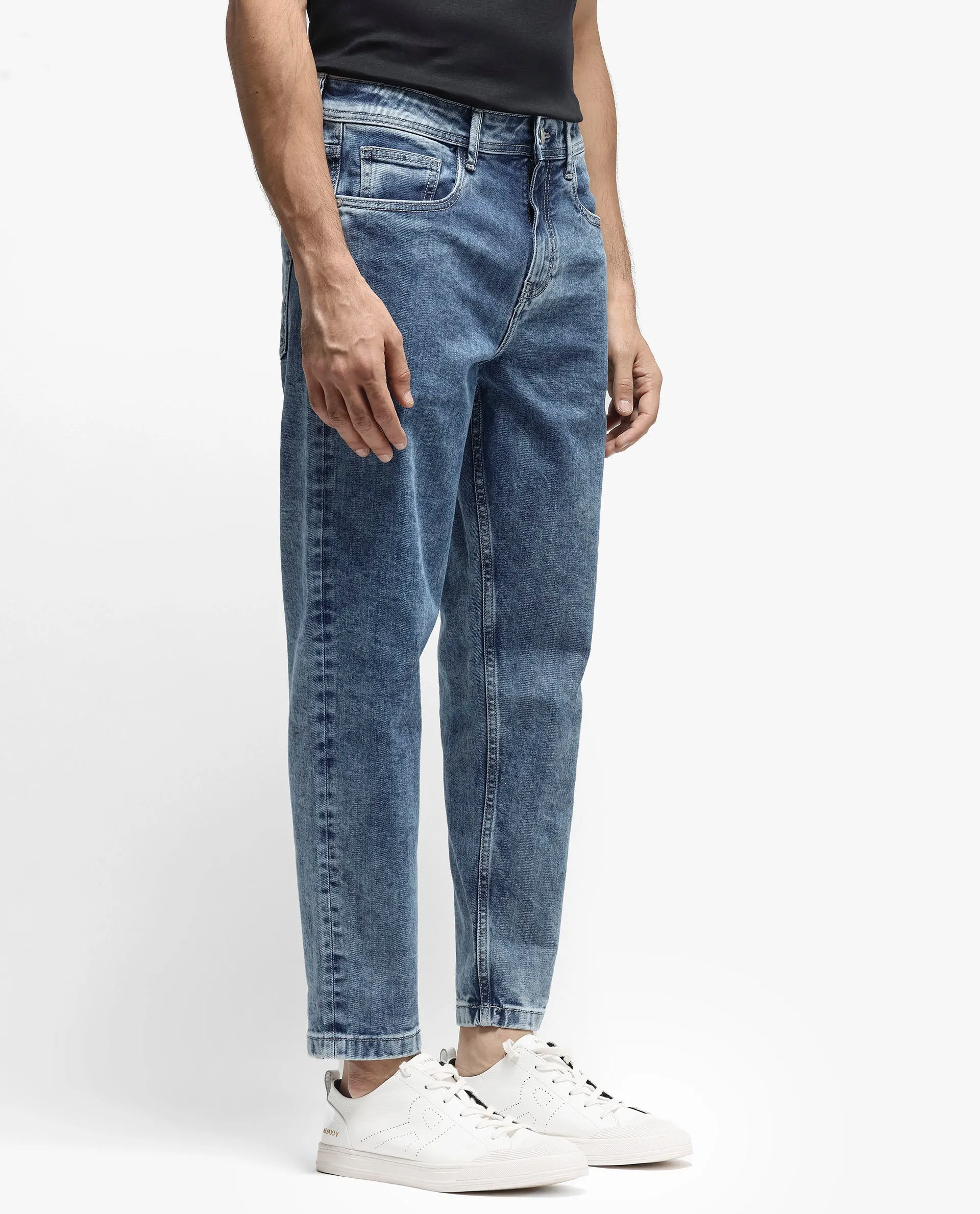 Rare Rabbit Men's Sam-2 Light Blue Mid-Wash Mid-Rise Carrot Fit Jeans