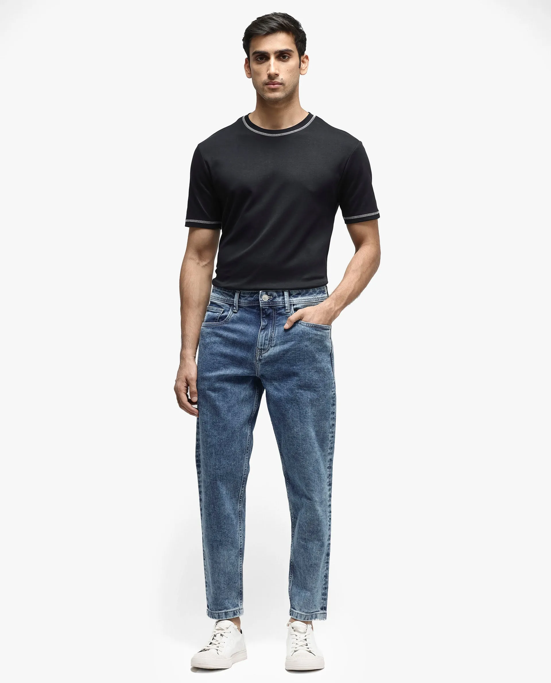 Rare Rabbit Men's Sam-2 Light Blue Mid-Wash Mid-Rise Carrot Fit Jeans