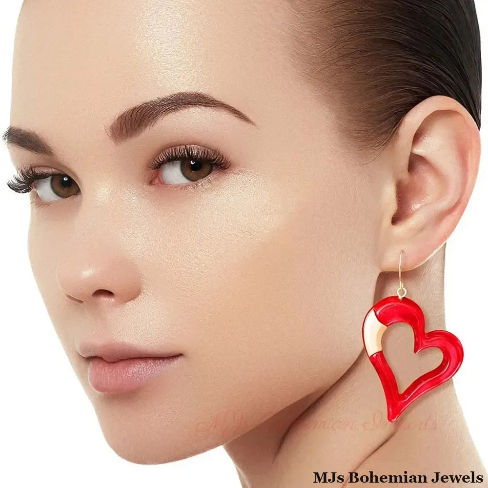 Red Matte Gold Heart Earrings