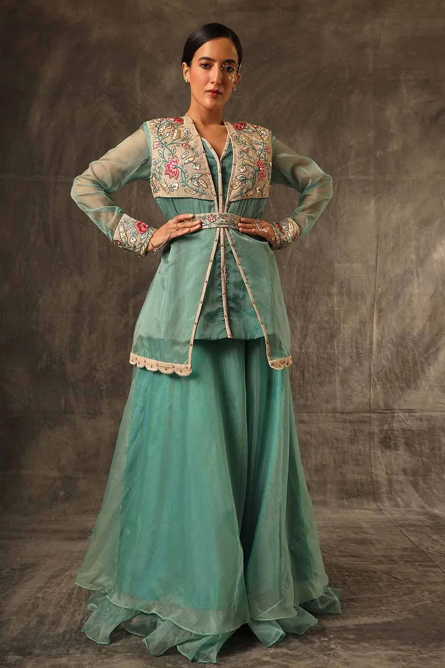 Sage Green Embroidered Cape Kurti & Skirt Set