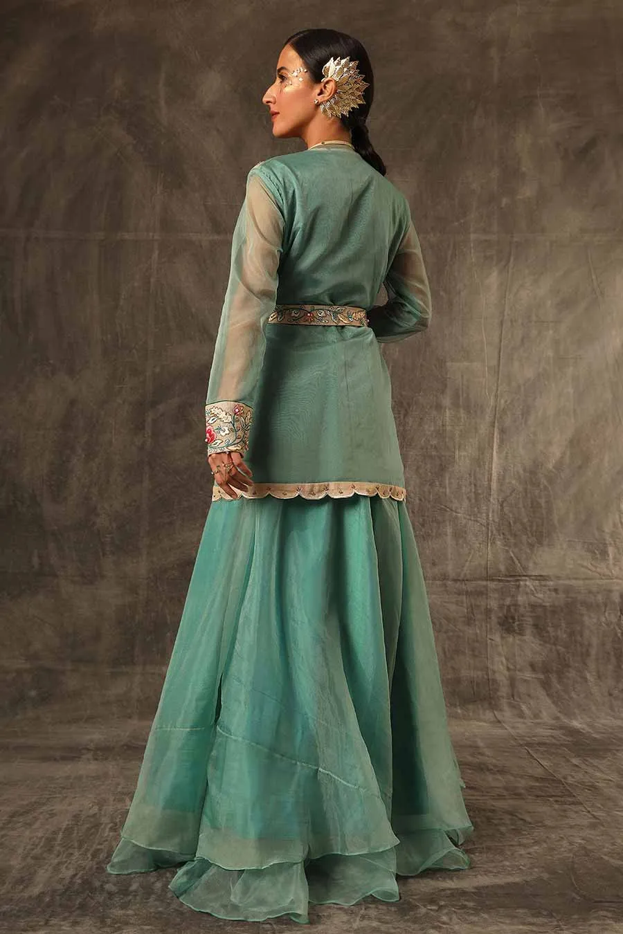 Sage Green Embroidered Cape Kurti & Skirt Set