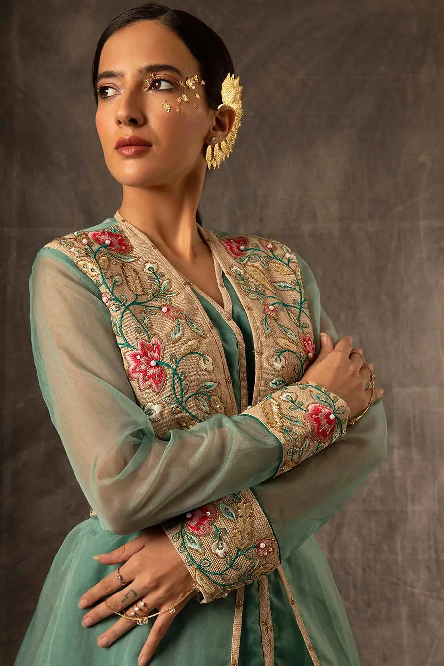 Sage Green Embroidered Cape Kurti & Skirt Set