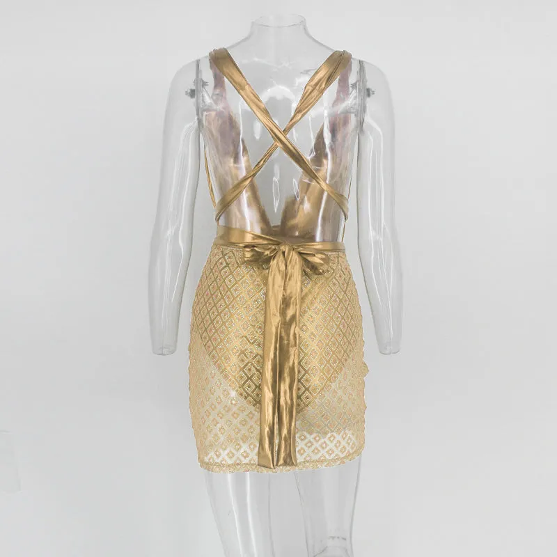 “Shining” deep v strappy sheer bodycon party dress