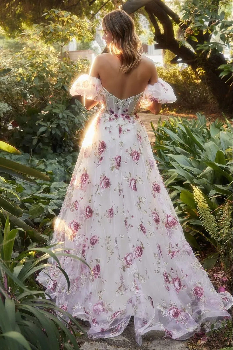 STRAPLESS ORGANZA PEONY PRINT BALL GOWN CDA1133