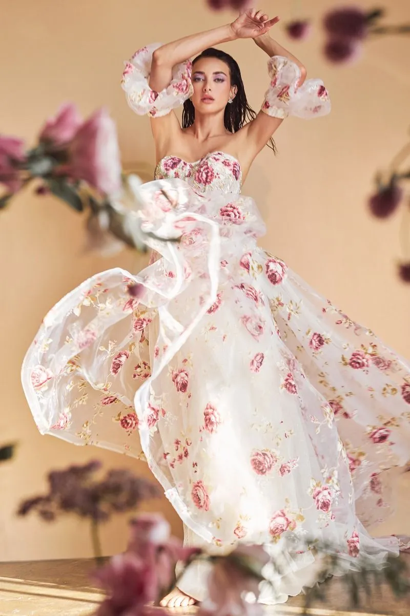 STRAPLESS ORGANZA PEONY PRINT BALL GOWN CDA1133
