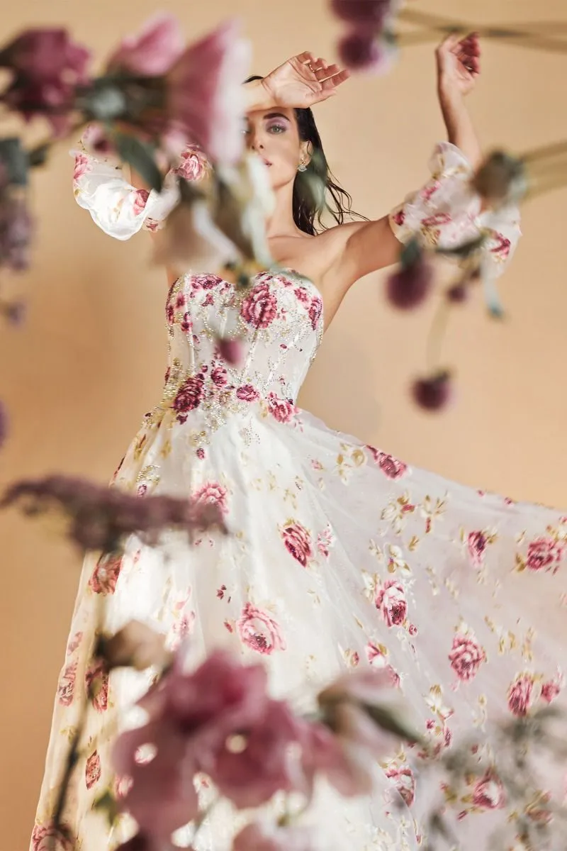 STRAPLESS ORGANZA PEONY PRINT BALL GOWN CDA1133