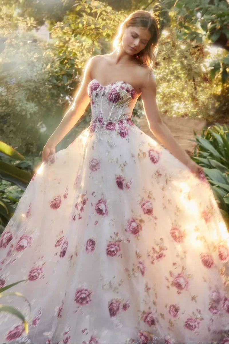 STRAPLESS ORGANZA PEONY PRINT BALL GOWN CDA1133