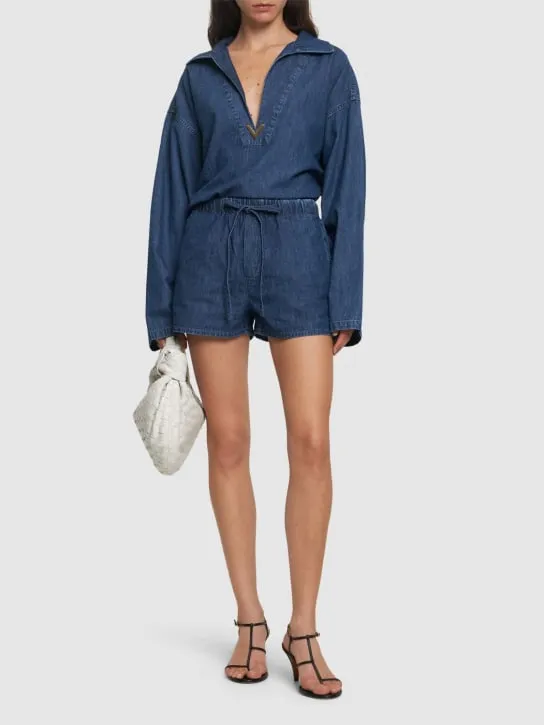 Valentino   V logo denim chambray mini shorts 