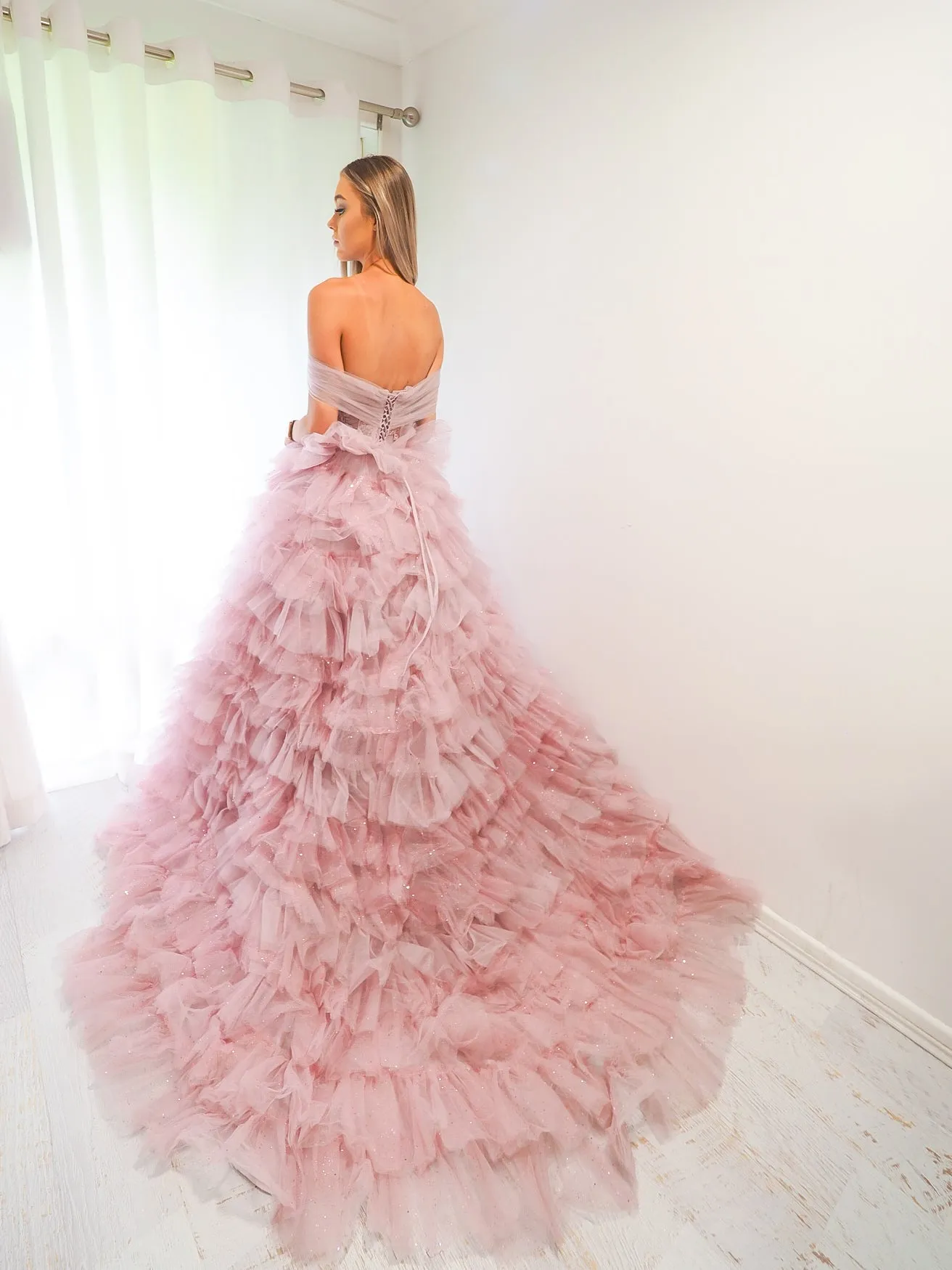 Violet off the shoulder puffy tulle layered princess dress.