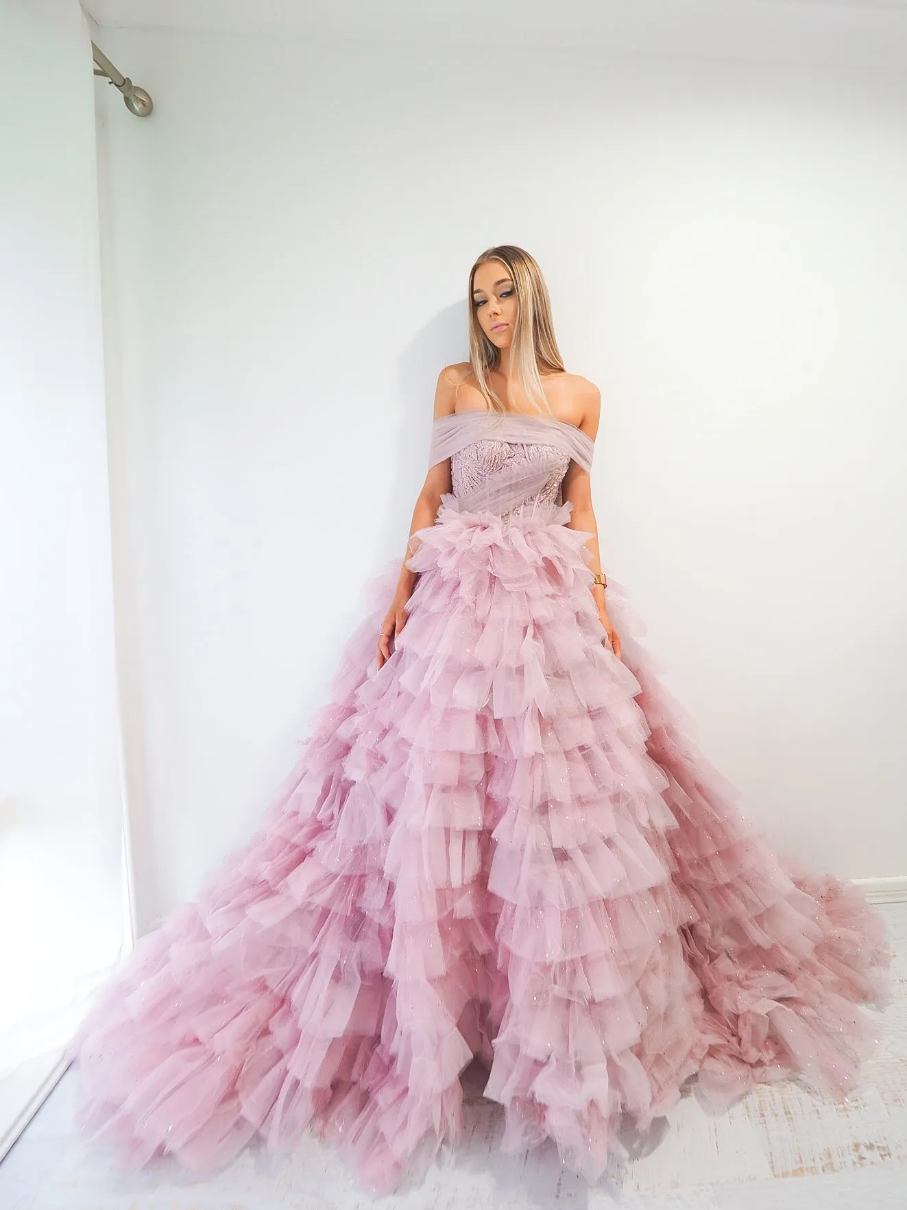 Violet off the shoulder puffy tulle layered princess dress.