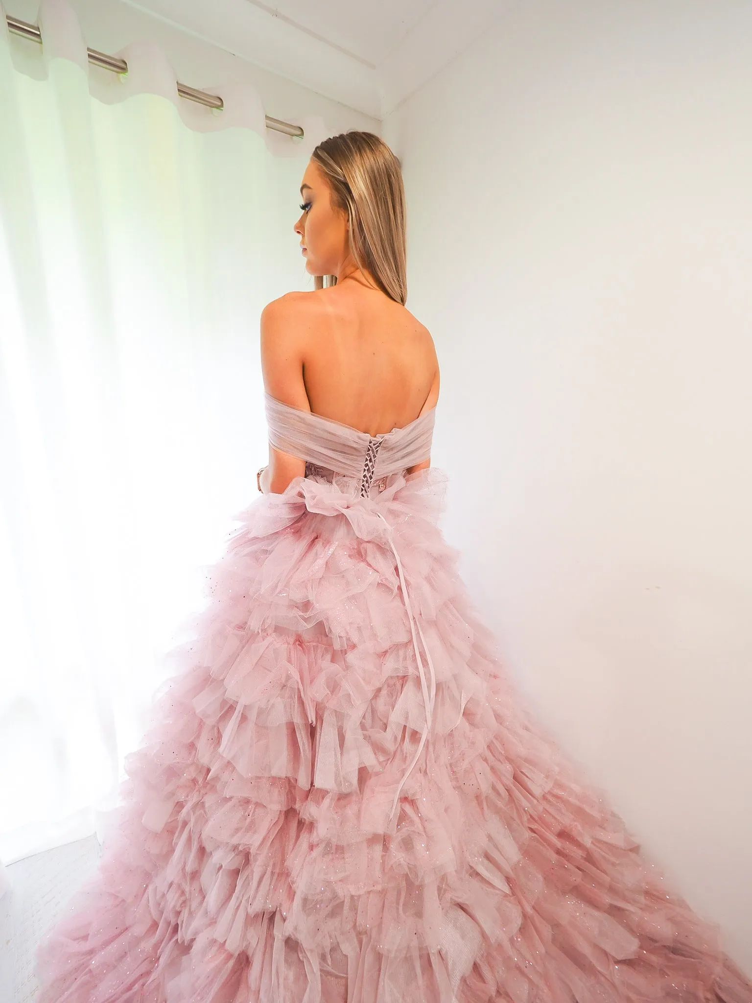 Violet off the shoulder puffy tulle layered princess dress.