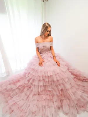 Violet off the shoulder puffy tulle layered princess dress.