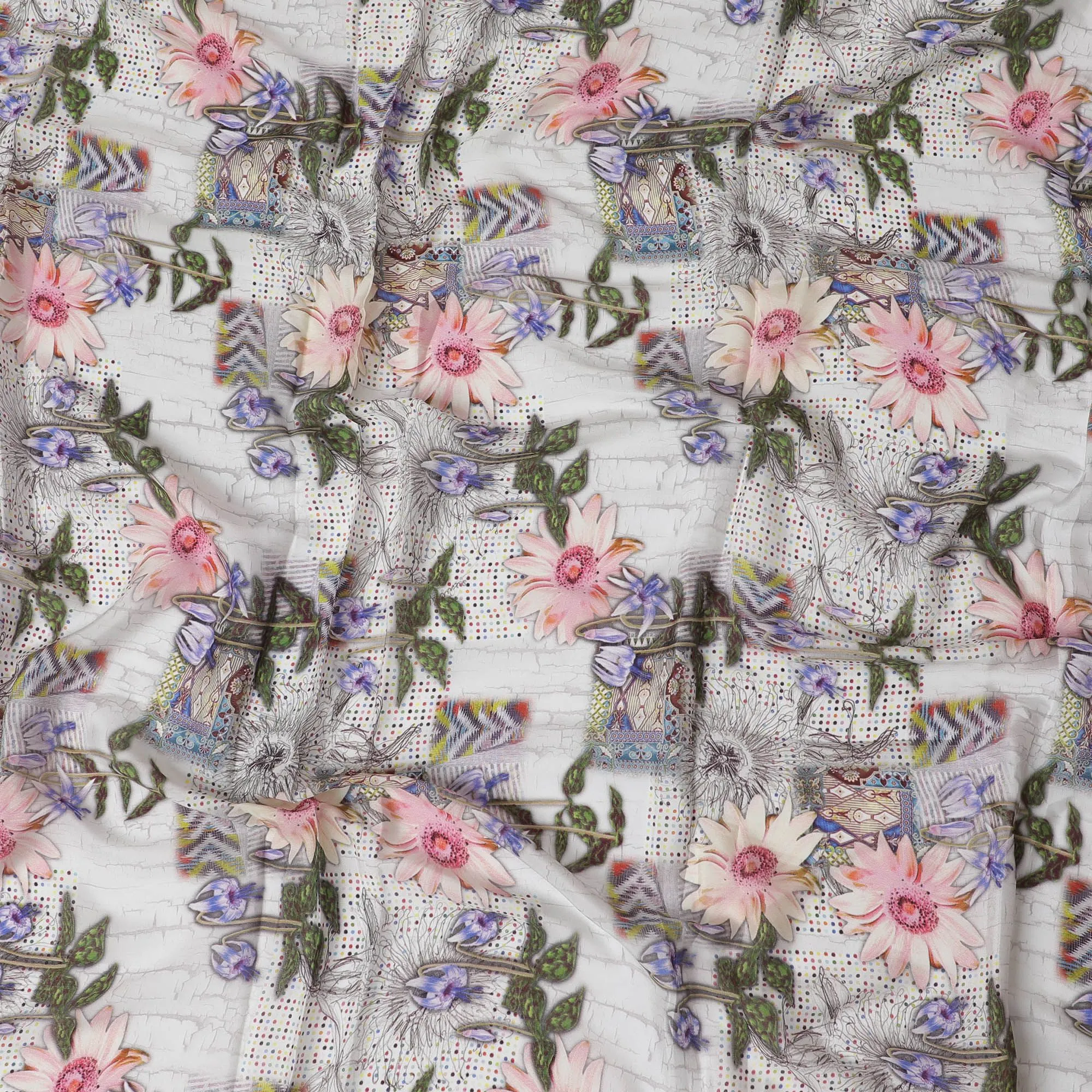 White synthetic crepe fabric with multicolor print in floral design-D17374 (2.5 mtrs)