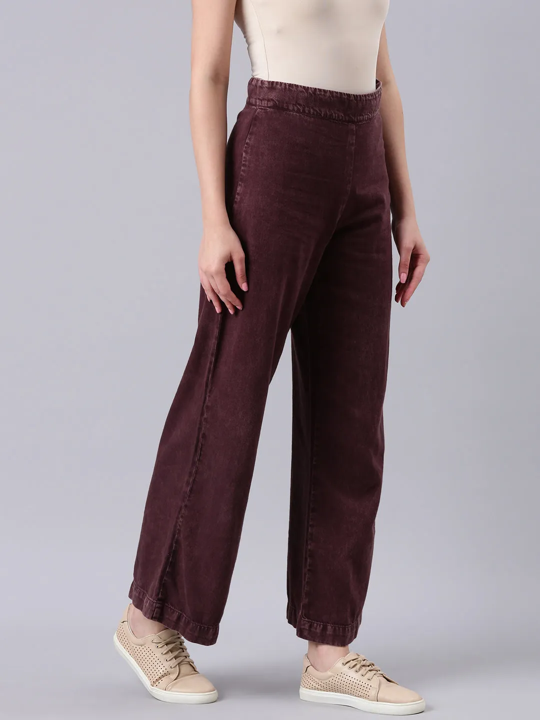 Women Burgundy Solid Wide Leg Denim Jeans