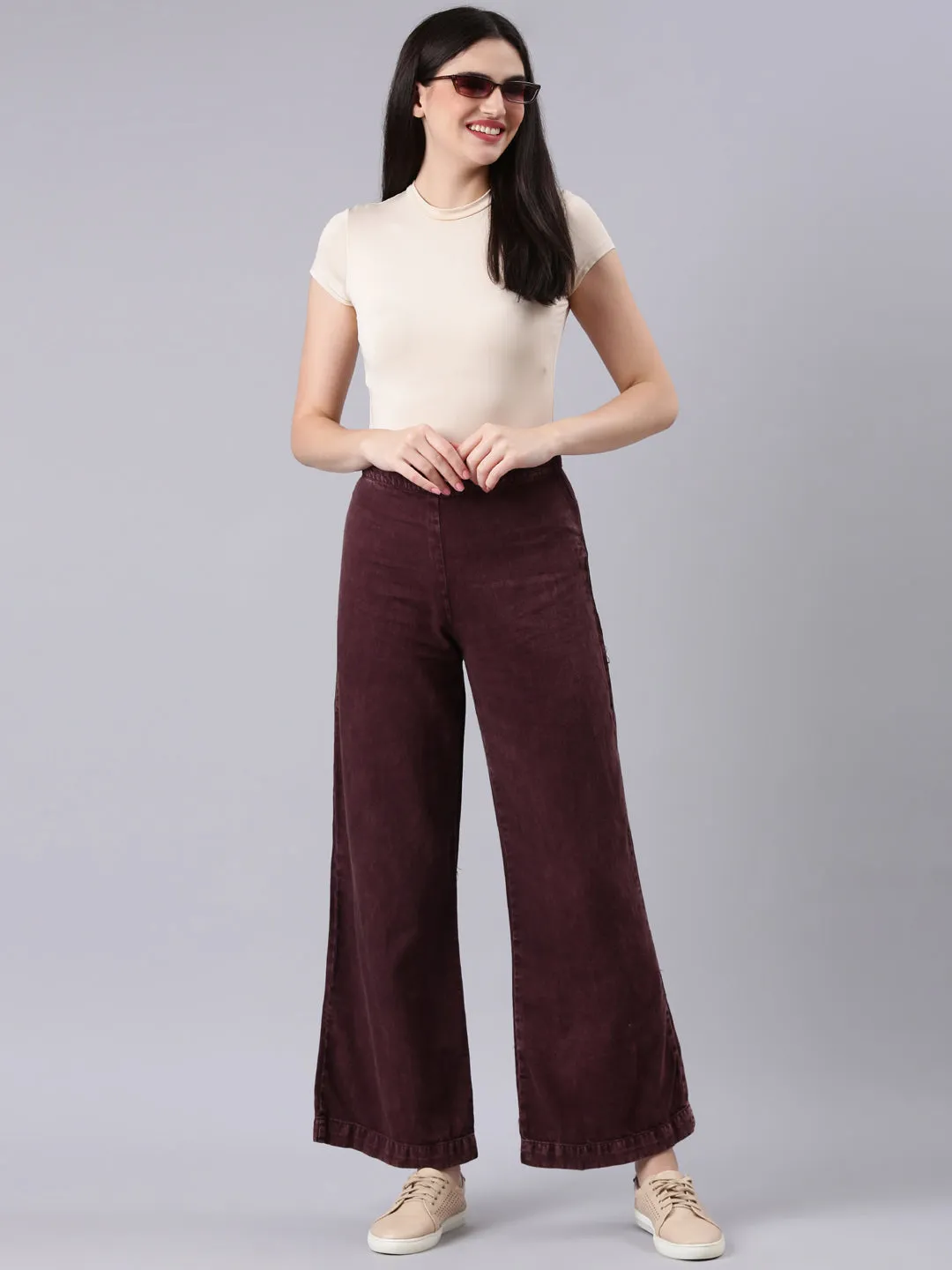 Women Burgundy Solid Wide Leg Denim Jeans