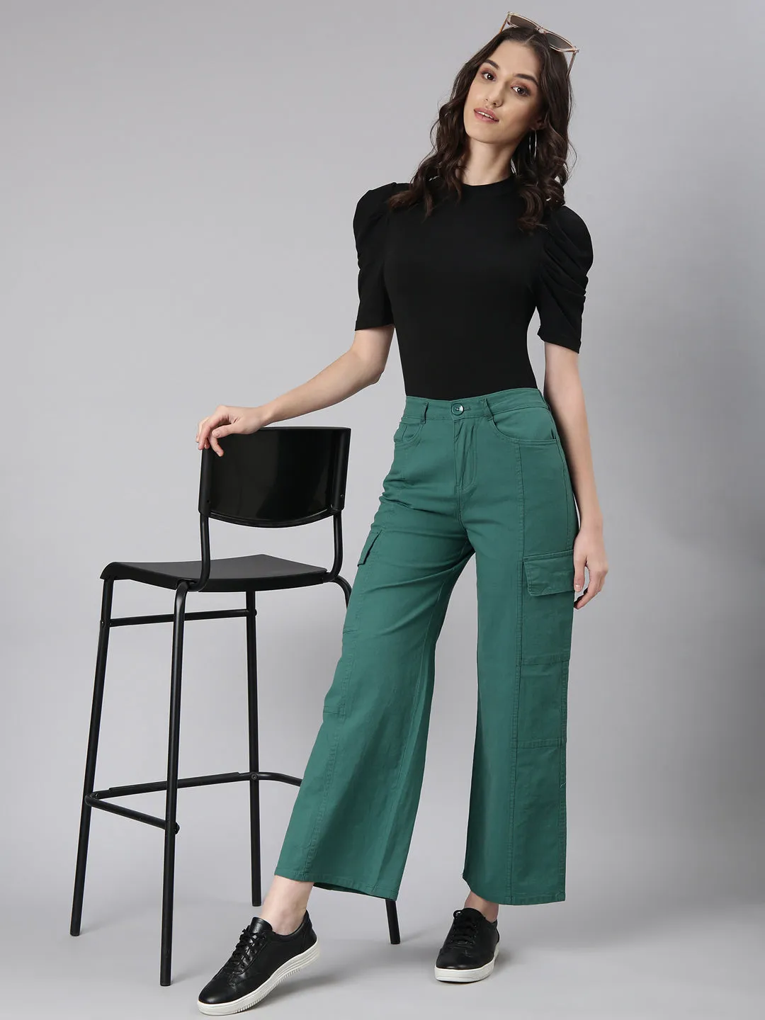Women Green Solid Wide Leg Denim Jeans