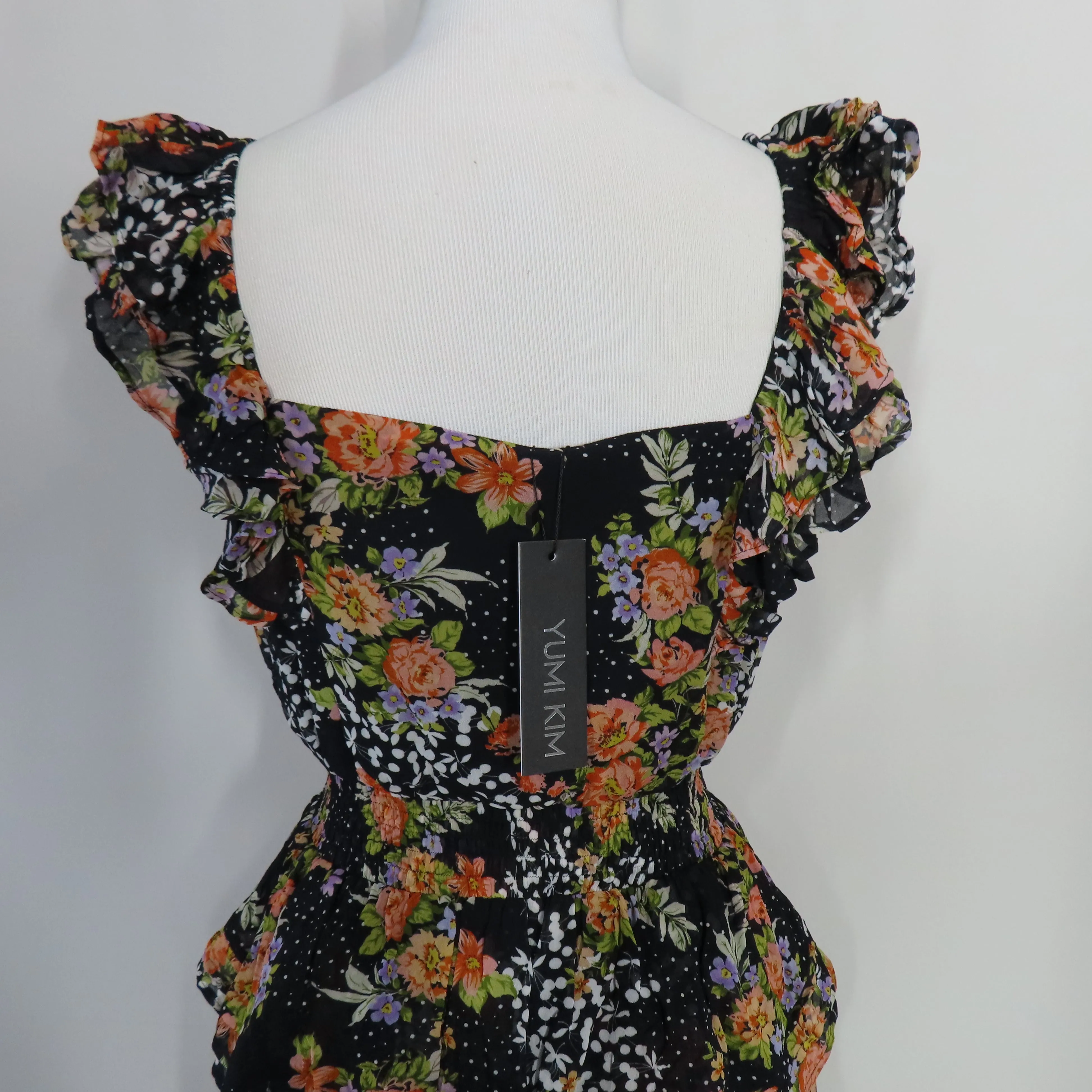 Yumi Kim Midnight Magic Black Floral Tiered Mini Eden Dress Flutter Sleeves X-Small