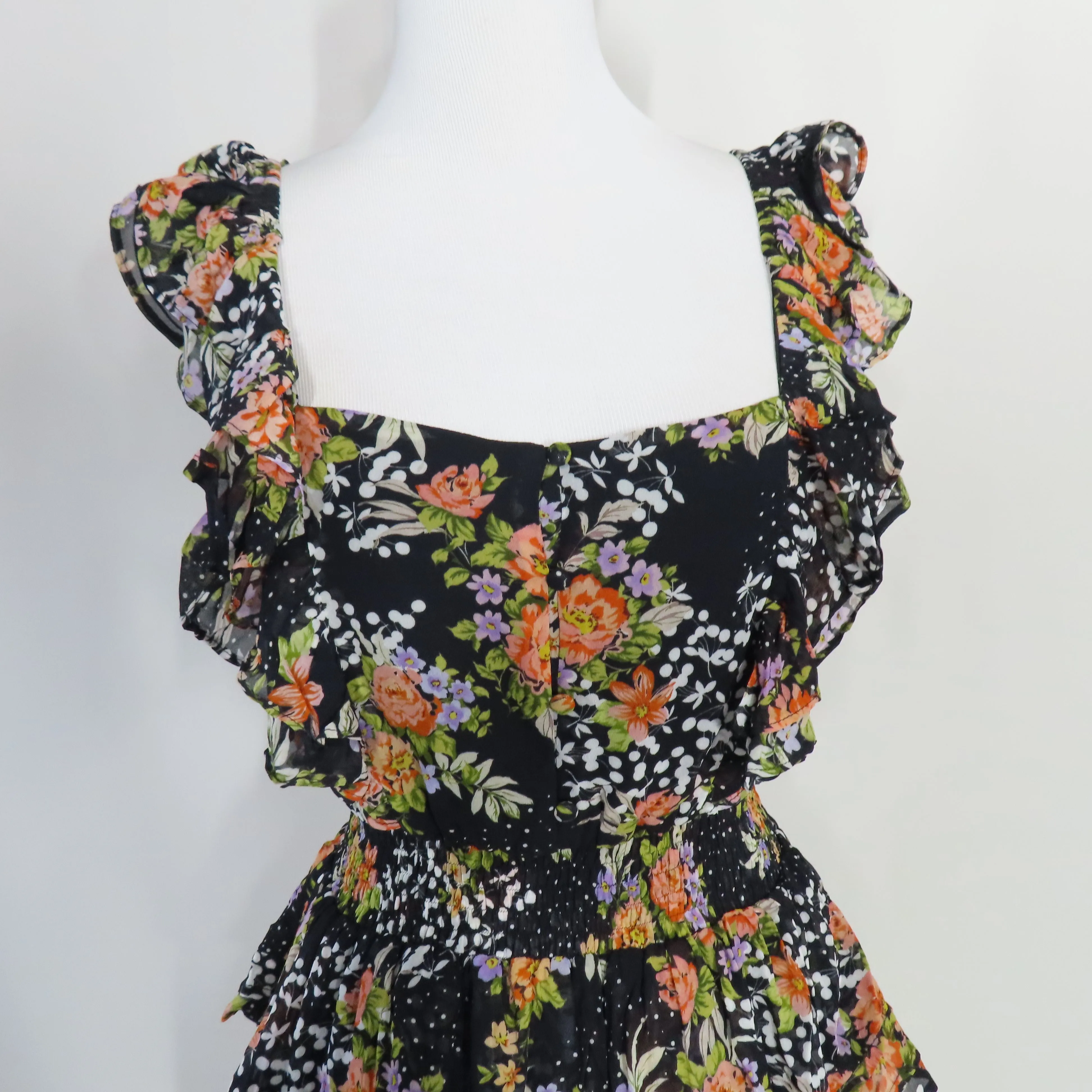 Yumi Kim Midnight Magic Black Floral Tiered Mini Eden Dress Flutter Sleeves X-Small