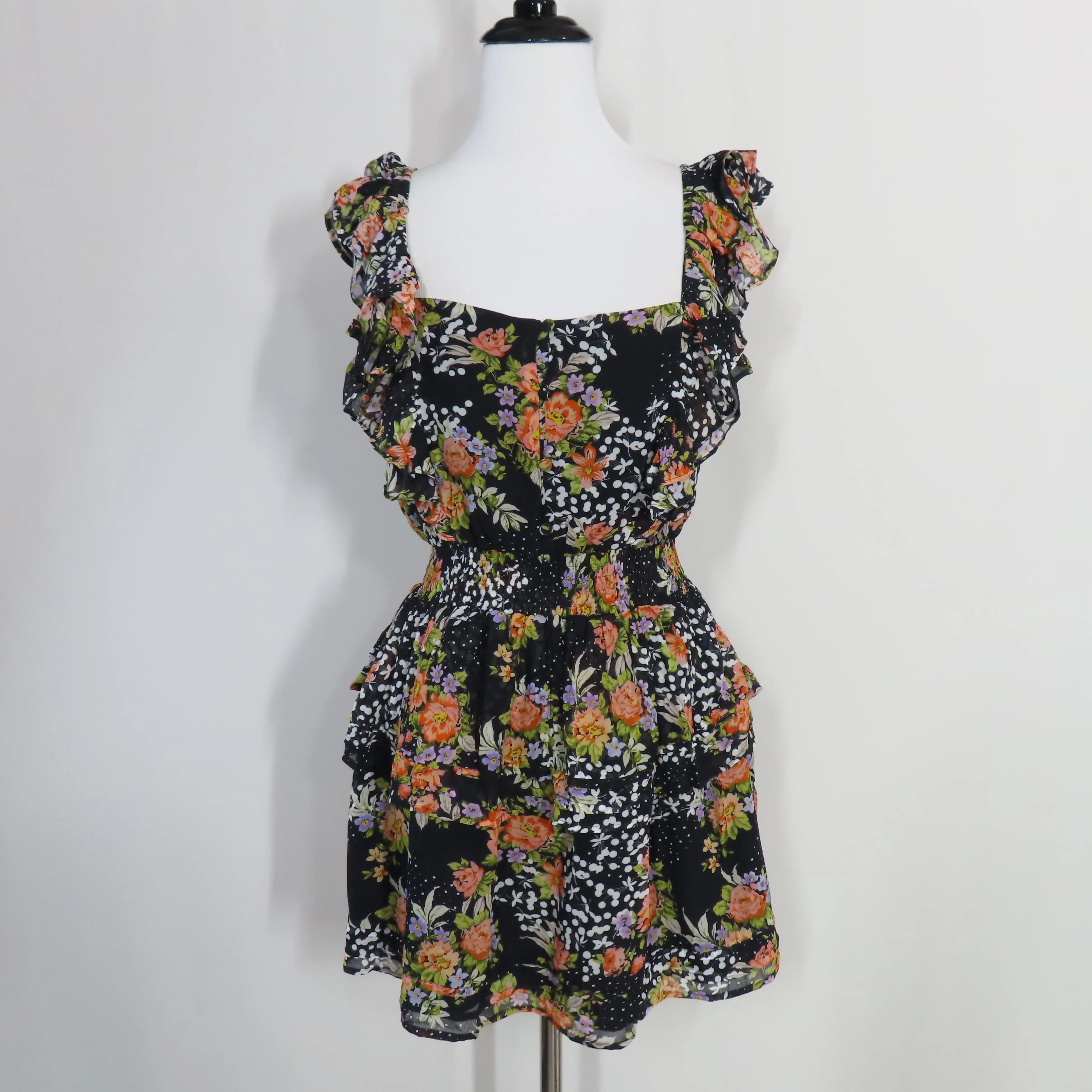 Yumi Kim Midnight Magic Black Floral Tiered Mini Eden Dress Flutter Sleeves X-Small