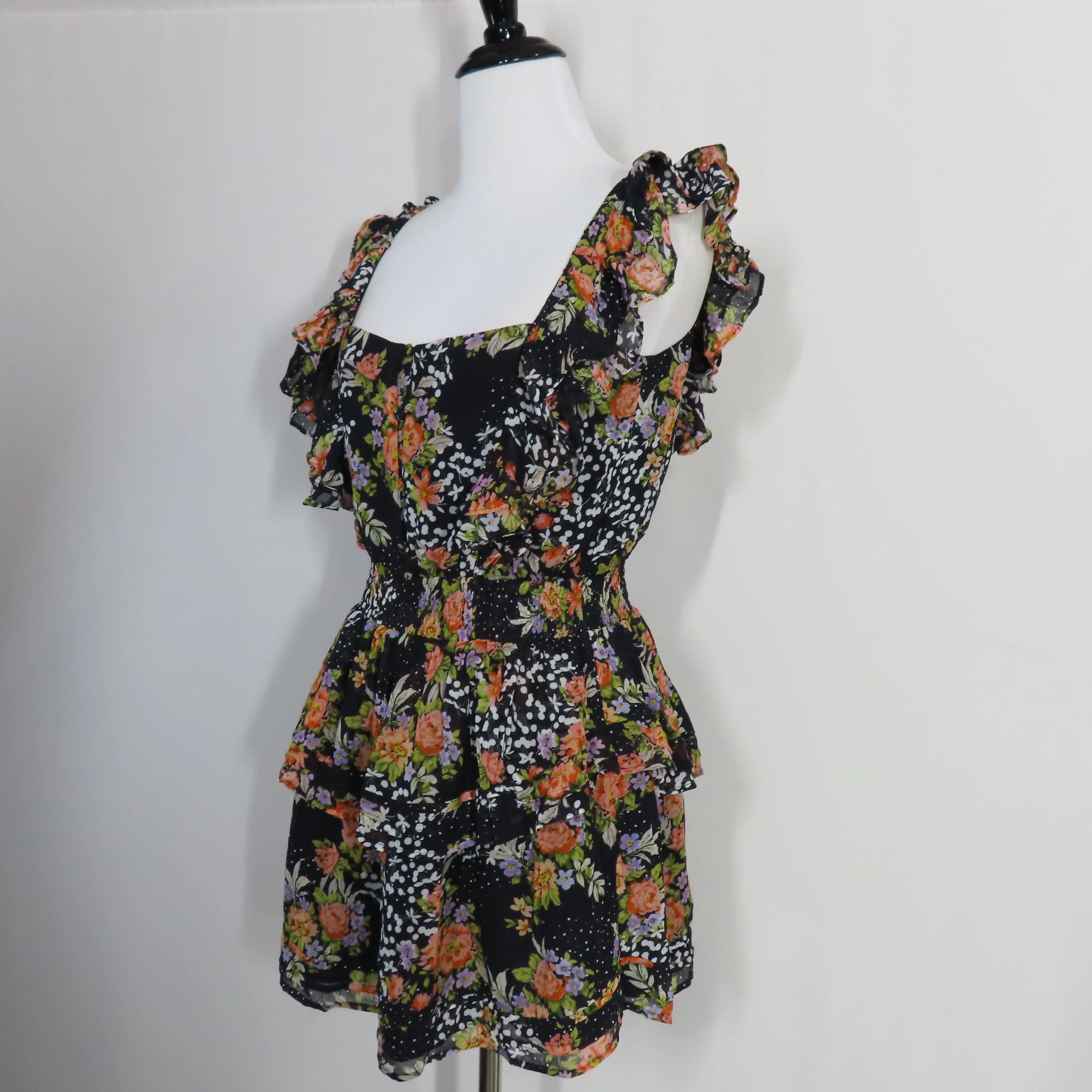 Yumi Kim Midnight Magic Black Floral Tiered Mini Eden Dress Flutter Sleeves X-Small