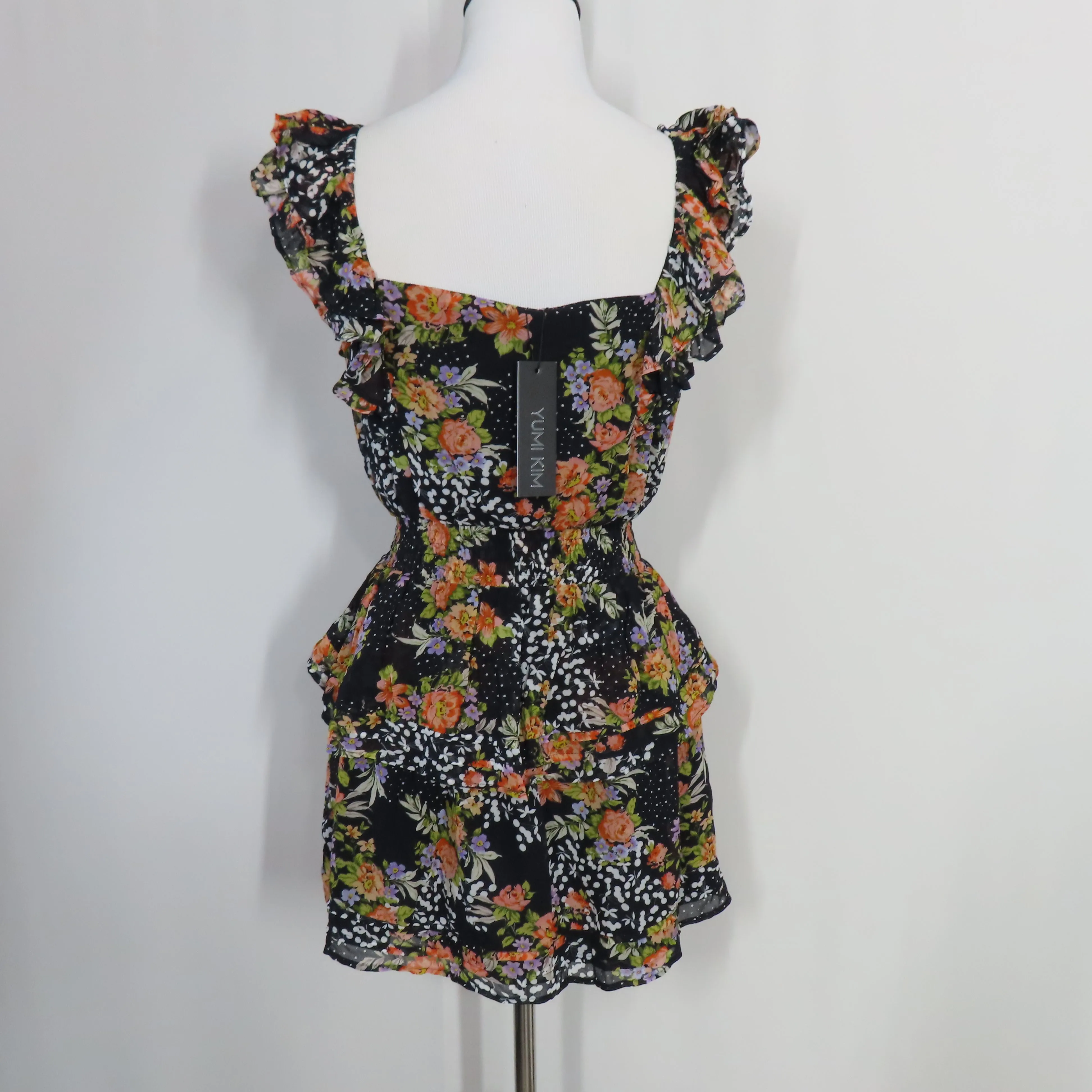 Yumi Kim Midnight Magic Black Floral Tiered Mini Eden Dress Flutter Sleeves X-Small