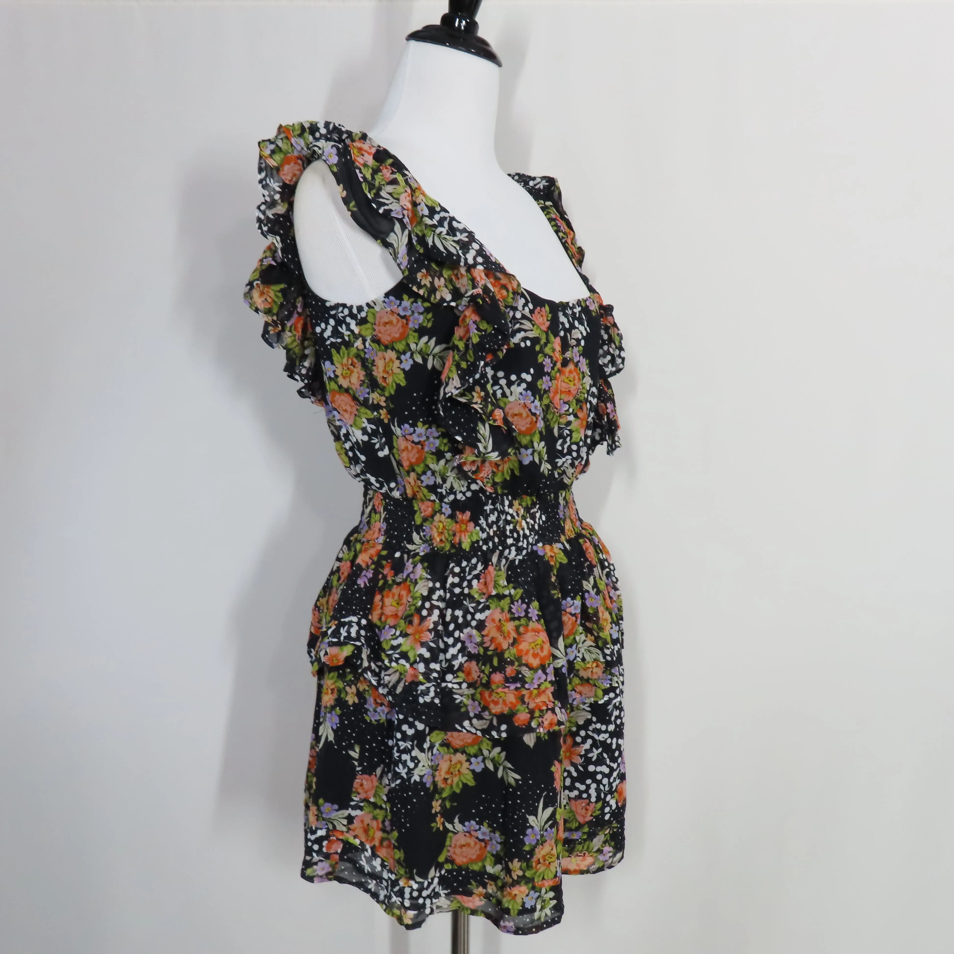 Yumi Kim Midnight Magic Black Floral Tiered Mini Eden Dress Flutter Sleeves X-Small